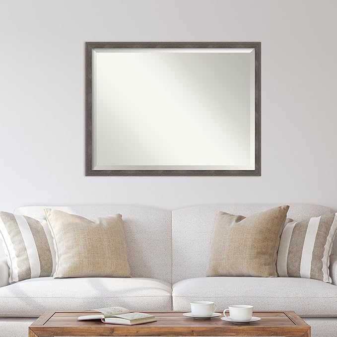 Amanti Art Grey Wall Mirror 33x43 Pinstripe Lead Grey Rectangle Bathroom Mirror for Wall Decor Living Room, X-Large Modern Wood Frame, Hangs Horizonally and Vertically, Bathroom Decor, Beveled Edge