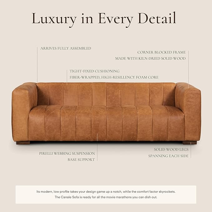 Poly & Bark Canale Leather Couch - 86 Inch Sofa - Full-Grain Channel Tufted Leather Sofa for Living Room - Living Room Couch - Pure Aniline Vintage Italian Leather in Cognac Tan
