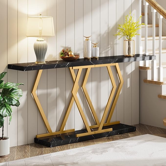 Tribesigns 70.9 Inch Extra Long Sofa Table，Black and Gold Console Table with Faux Marble Tabletop, Modern Long Entryway Table with Gold Frame