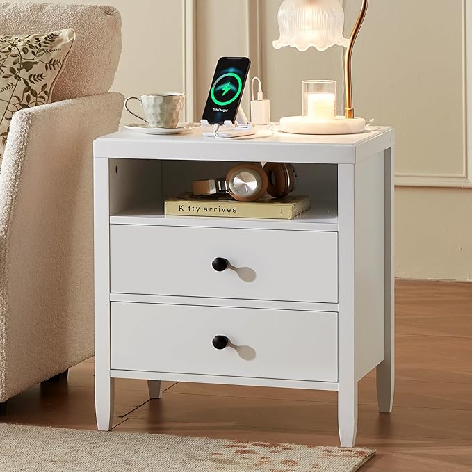 Huuger Nightstand with Charging Station, White Nightstand with 2 Drawers, Bed Side Table for Bedroom, Bedside Table with Storage, Modern Nightstands, Metal Knobs, Painted Surface