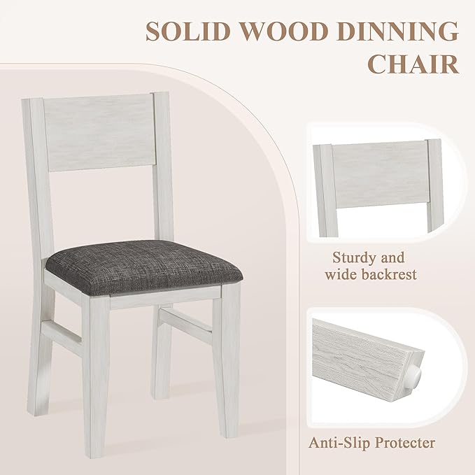 5-Piece Square Dining Table Set for 4, 38.2'' Solid Wood Kitchen Table with 4 Upholstered Chairs & 2 Drawers for Dining Room, Kitchen, Small Space, Washed Gray