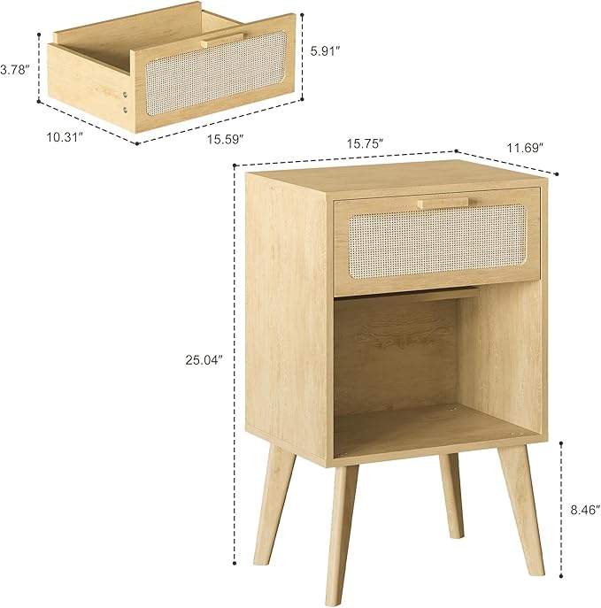 Rattan Nightstand with Opening Storage,Boho Bedside Table with Drawer,Wood Nightstand with Solid Wood Legs,End Side Table for Living Room,Bedroom,Small Space Natural CTG62Y