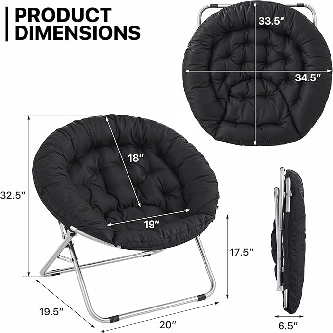 MoNiBloom Round Folding Saucer Chair for Bedroom Living Room Dorm Foldable Metal Frame Comfy Soft Lounge Lazy Cozy Moon Chair for Teens (Black)