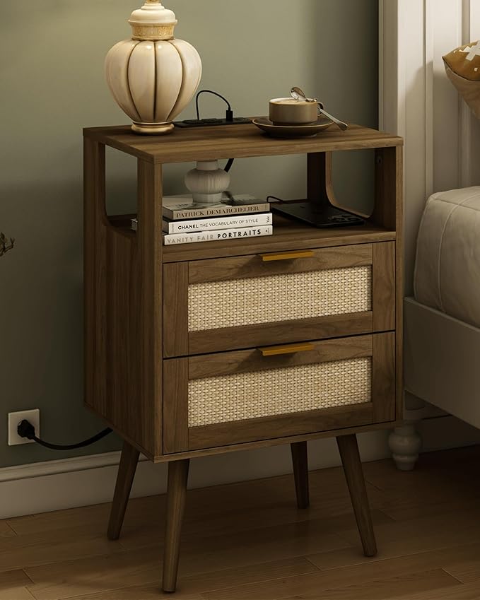 Rattan Nightstand with Charging Station,Modern Bedside Table with 2 Storage Drawer and Open Wood Shelf, for Bedroom and Small Spaces,Night Stand with Solid Wood Legs (Walnut Brown)