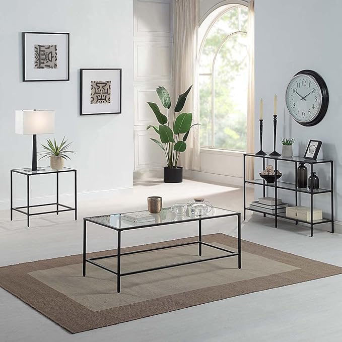 CAWS 22" W Black End Table, Tempered Glass Rectangle Side Table, Night Stand, Modern Minimalist Table, 21.97"L x 18"W x 22"H