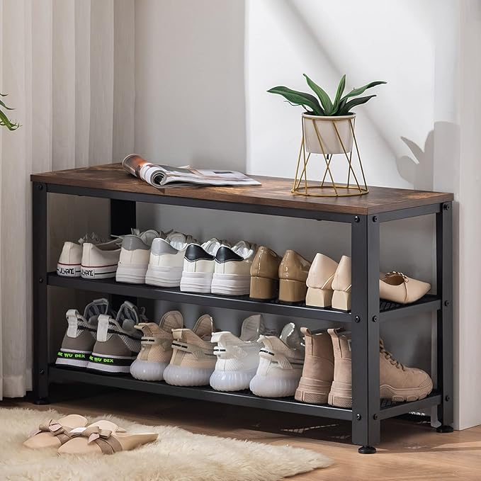 Apicizon Shoe Rack, 35.5 Inches 3-Tier Shoe Rack for Entryway with Long Seat and Metal Shelves for Garage, Industrial Storage Bench with Steel Structure for Living Room, Bedroom, Mudroom, Rustic Brown