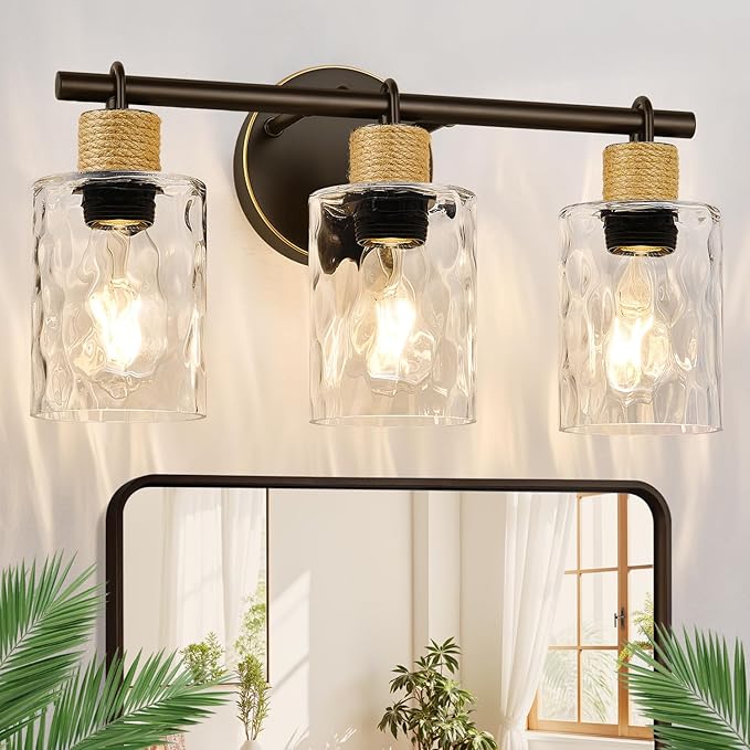 2025 Upgrade Bathroom Light Fixtures, 3-Light Coastal Vanity Lights with Crystal Glass Shade, Oil-Rubbed Bronze Bathroom Wall Lamp for Mirror Kitchen Hallway Cabinet