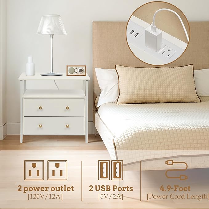 27 inch Wide Nightstand with Charging Station, Bedside Table with Open Shelf, 2 Drawers Small Wood Dresser, End Side Table for Bedroom (White)