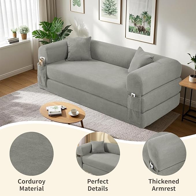 80" Convertible Sofa Bed, Corduroy Deep Seat Folding Pull Out Couch with Pillows, No Assembly Modern Boneless Couch Compression Sofa in Box, Floor Sofa with Storage Pocket for Living Room,Light grey