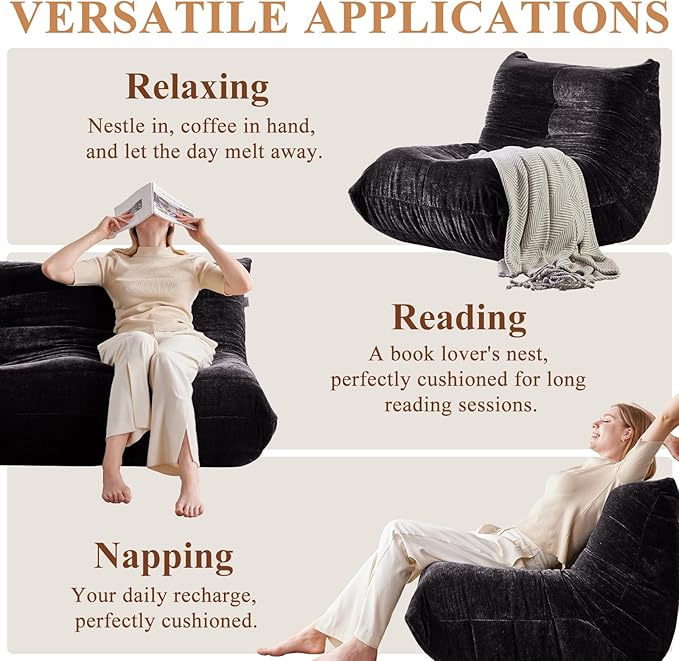 Bean Bag Chair, Loveseat Fireside Chair Large Bean Bag Sofa for Adults, Memory Foam Two Seater Couch Gaming Chairs with Comfy Design, Lazy Floor Sofa for Living Room, Bedroom, Dark Gray