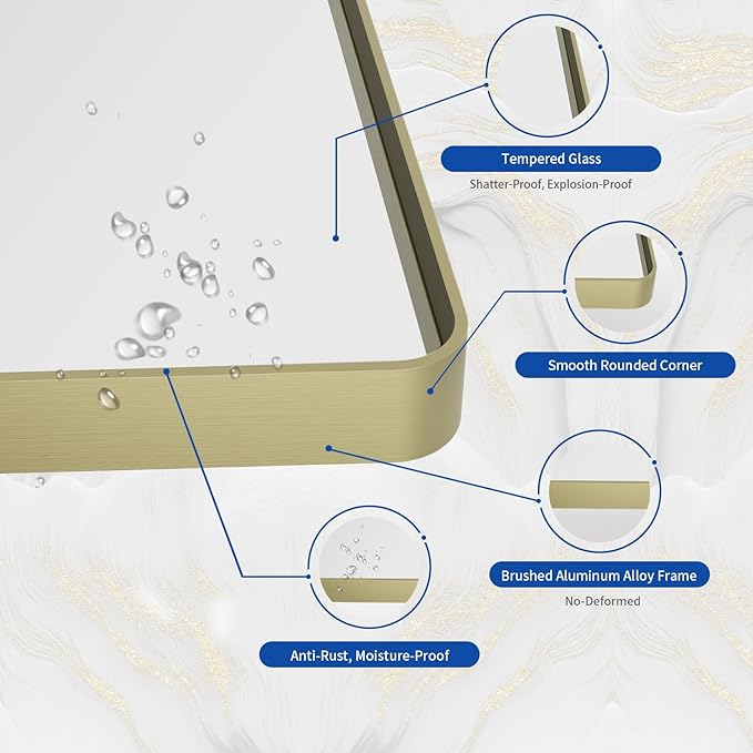 WEER Gold Bathroom Mirror, 28X36 Inch Brushed Gold Metal Frame Mirror, Rounded Rectangle Gold Bathroom Vanity Mirror for Wall, Tempered Glass, Anti-Rust, Hangs Horizontally or Vertically