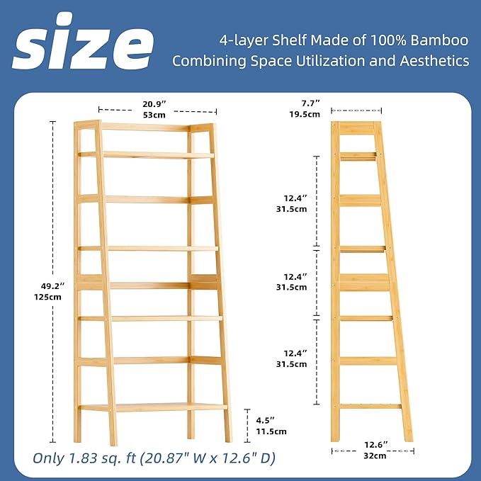 HITNET Ladder Shelf, 4-Tier Bookshelf, Bamboo Leaning Bookcase, Display Storage Rack Organizer, Freestanding Flower Plant Stand for Living Room, Home Office, Kitchen, Natural