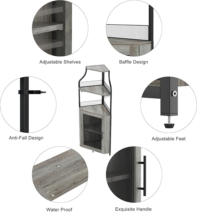 GAOMON Corner Wine Cabinet with Removable Wine Rack, Wine Bar Cabinet with Barn Door and Adjustable Shelves, Industrial Wine Cabinet for Dining Room, Living Room,Kitchen (Grey)