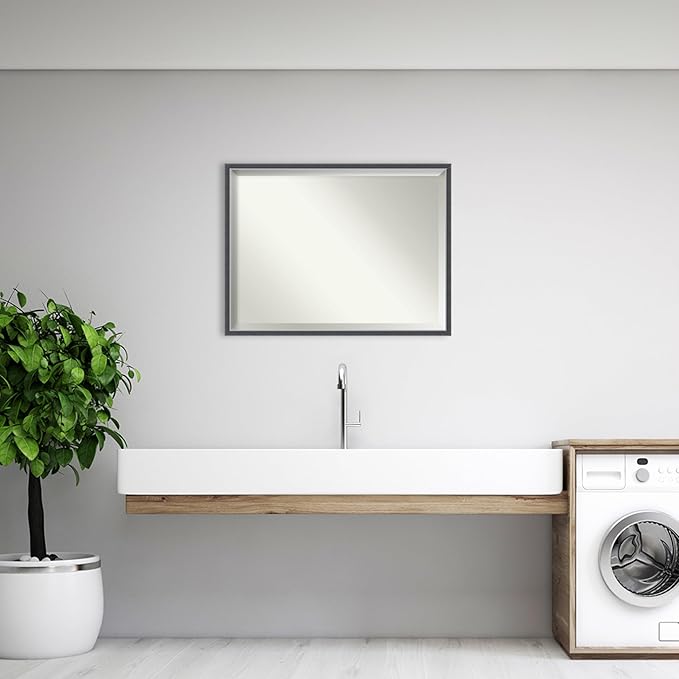 Amanti Art Black Bathroom Mirror for Over Sink, 32x42 Eva Black Silver Thin Rectangle Vanity Mirror, X-Large Modern Frame, Hangs Horizonally and Vertically, Bathroom Wall Decor, Beveled Edge