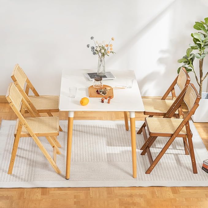 Rattan Folding Chair, Modern Mid Century Dining Chairs Set of 1, Comfy Outdoor Bamboo Chairs for Bedroom Living Room Reading Room Dining Kitchen, Walnut