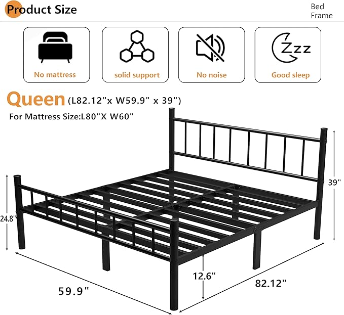 Metal Bed Frame,14Inch Queen Size Bed Frame with Storage Space,Heavy Duty Sturdy Mattress Foundation,Easy Assembly,No Box Spring Needed,Queen Grey