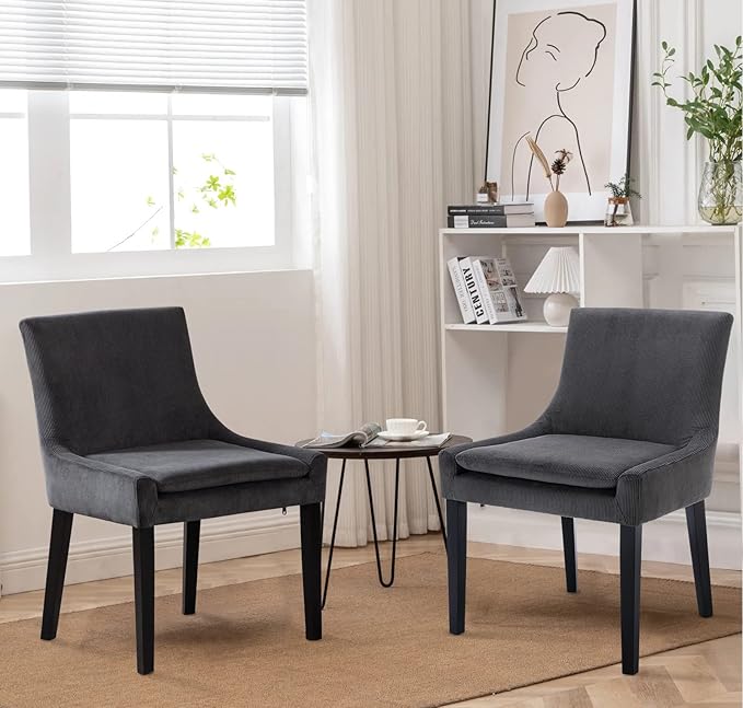 COLAMY Modern Dining Chairs Set of 6, Upholstered Corduroy Accent Side Leisure Chairs with Mid Back and Wood Legs for Living Room/Dining Room-Grey