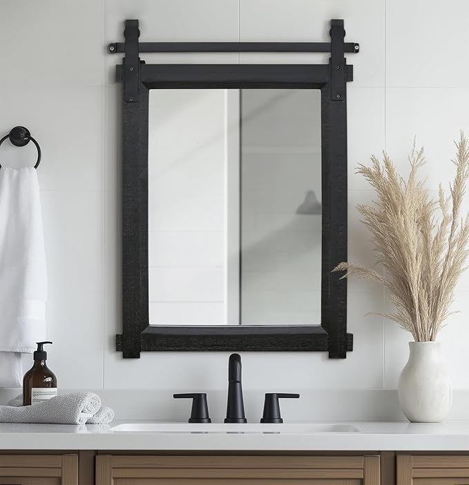 Farmhouse Barn Door Mirror: 22"x30" Black Rustic Wood Frame Mirror for Wall - Home Decor for Entryway/Bathroom/Living Room