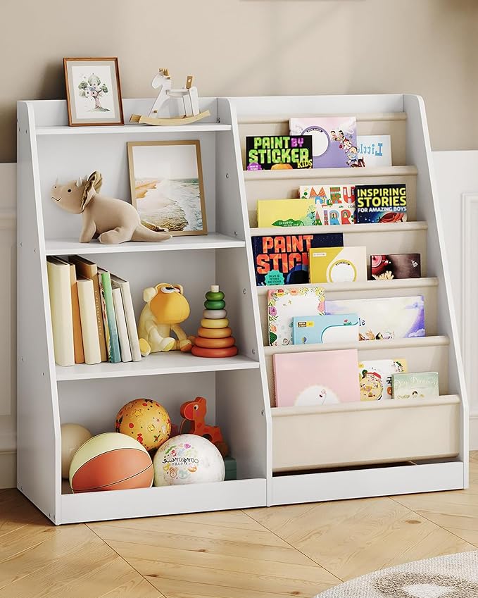 35.4" Kids Bookshelf and Toy Storage, 6 Layer Fabric Toddler Bookshelf, Kids Toy Storage Organizer, Sling Kids Bookcase, for Playroom, Bedroom, Nursery, Classroom, White MCW05WT