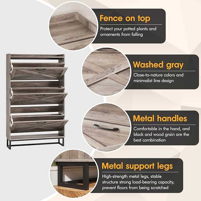 Maupvit Shoe Storage Cabinet with 3 Flip Drawers, Freestanding Organizer with Metal Legs for Entryway, Narrow Shoe Rack Cabinet, Washed Gray