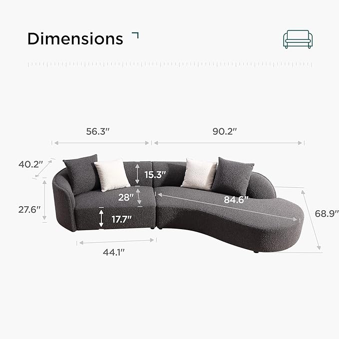 Acanva Luxury Modern Style Living Room Upholstery Curved Sofa with Chaise 2-Piece Set, Right Hand Facing Sectional, Pearl Boucle Couch, Dark Grey