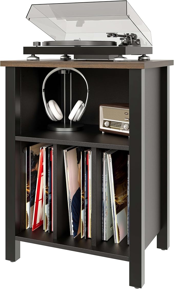 LIDYUK Record Player Stand, Vinyl Record Storage Table End Table with Display Shelf Holds up to 130 Albums, Large Nightstand Wood Turntable Stand Cabinet Side Table for Living Room, Bedroom, Black