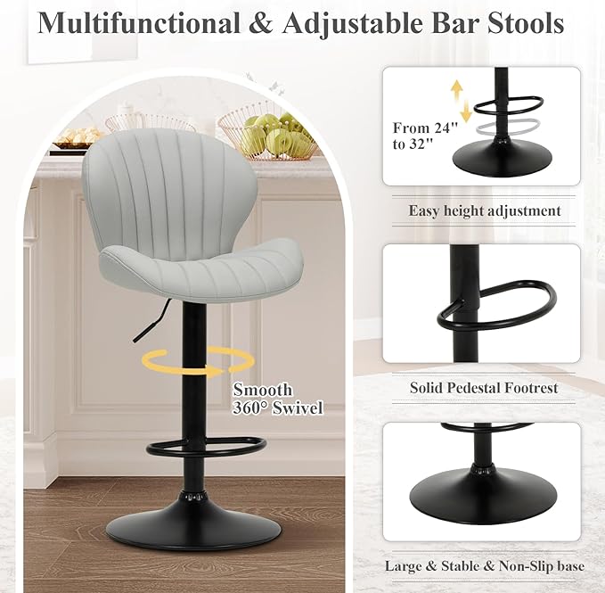 COLAMY Bar Stools Set of 2, Modern Swivel Bar Chairs, Adjustable Faux Leather Upholstered Barstools Counter Height with High Backrest for Bar, Kitchen Island, Dining Room, Grey