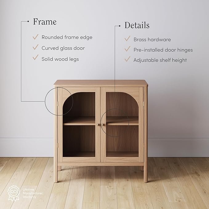 Nathan James Mason Modern Farmhouse TV Stand, Free Standing Accent Sideboard Buffet, Cabinet with Glass Doors and Adjustable Shelf, Clear Glass/Raw Oak Set of 3