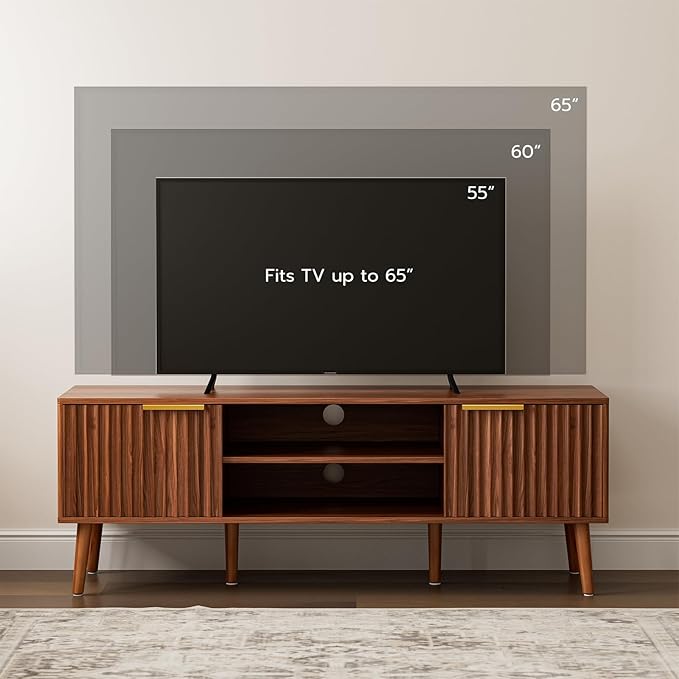 TV Stand for Living Room, Mid Century Modern Entertainment Center for 55/60/65 inch TVs, TV Console with Fluted Door Cabinets and Open Shelves, for Bedroom, Walnut