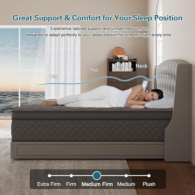 King Mattress, 10 Inch Hybrid Mattresses Grey Medium Firm for Back & Lumbar Support, 100 Night Trial, Individual Pocket Spring Mattresses for Motion Isolation & Pressure Relief