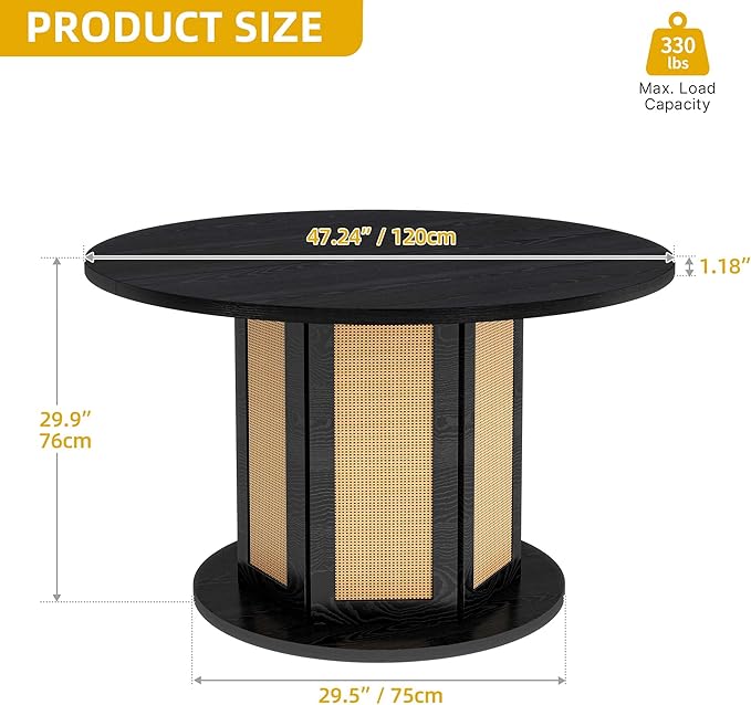 DWVO Round Dining Table for 4-6 People 47 Inch Farmhouse Kitchen Table with Rattan Circular Base Wooden Dinner Table for Dining Room Family Gathering, Black