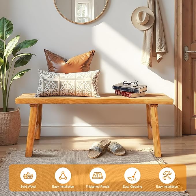 Farmhouse Solid Wood Bench: Long Rustic Indoor Narrow Wooden Bench for Entryway,Living Room, Dining Room,End of Bed,Hallway (39" Lx10 Wx18 H)