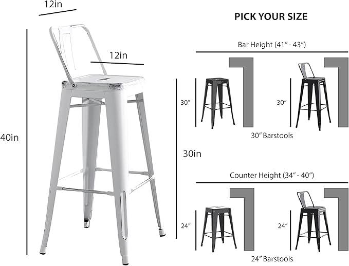 AC Pacific 30” Metal Barstool Set of 2 – Country Rustic Style with Low Back, Lightweight & Sturdy Build, Easy Assembly – Distressed Snow White