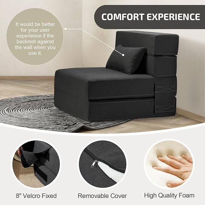 Folding Sofa Bed with Pillow- Convertible Chair Floor Couch & Sleeping Mattress, Foldable Memory Foam Sleeper for Living Room/Dorm/Guest Room/Home Office/Apartment/Loft, Single28, Dark Gray