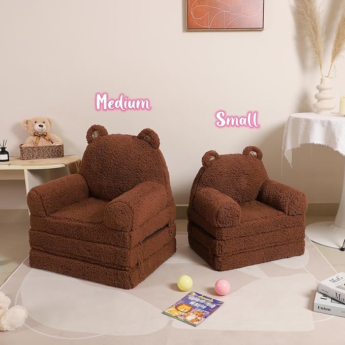 Foldable Kids Sofa, Sherpa Teddy Bear Toddler Couch with Tri Folding Foam Cushions, Comfy Couch for Kids Age 18 Months and Up
