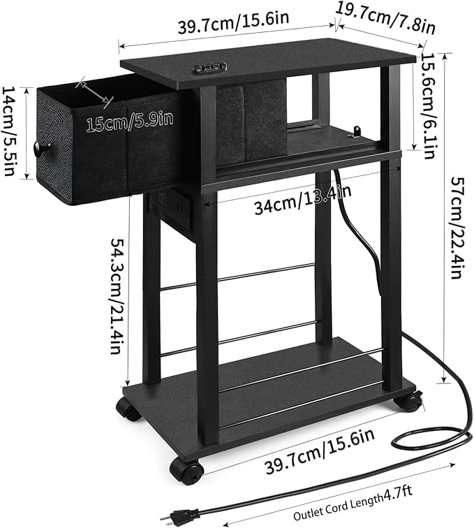 Side Table Set of 2,Side Table with Charging Station and Drawer, Narrow End Table with USB Ports and Outlets for Small Space, Living Room, Bedroom and Office, with 4 Wheels