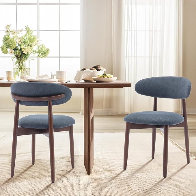 COLAMY Wooden Dining Chairs Set of 4, Modern Fabric Upholstered Kitchen Chairs, Farmhouse Dining Room Chair with Foot Pegs, Blue
