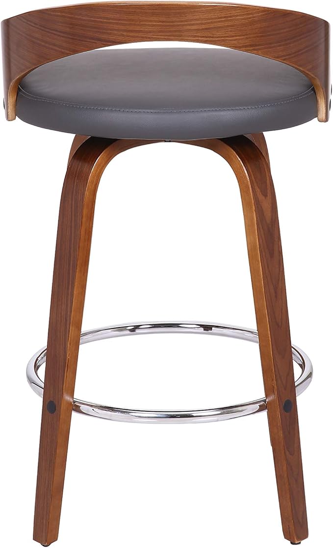 Armen Living Sonia 26" Counter Height Swivel Gray Faux Leather and Walnut Wood Bar Stool - Set of 4