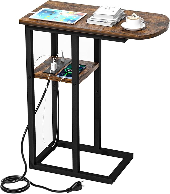 C Shaped End Table with Charging Station, Side Table for Living Room & Bedroom, Couch Laptop Table with USB Ports & Type-C Fast Charging Port, Snack Tray Table for Couch & Bed