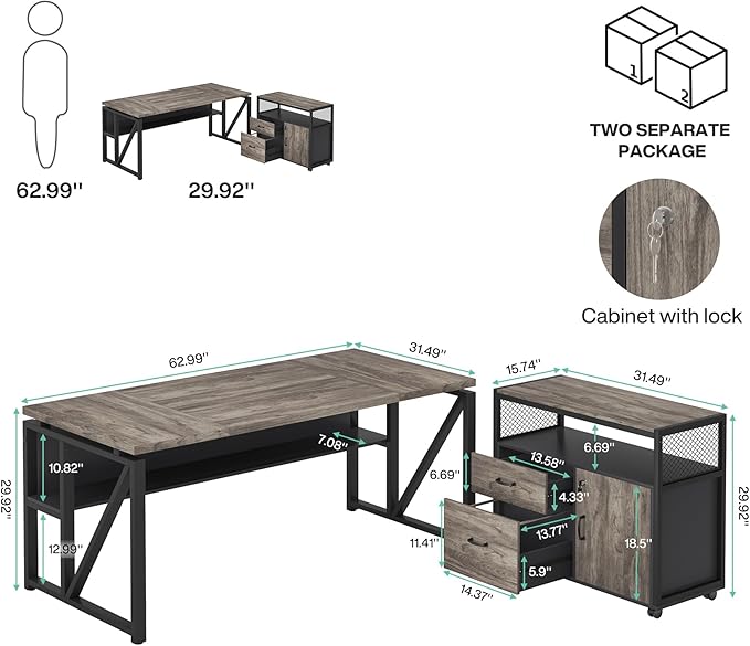 Tribesigns Office Compute rDesk with Drawers Sets, 63 inches L Shaped Executive Desk with Mobile File Cabinet for Home Office Furniture Sets (Dark Oak, 63-inch)