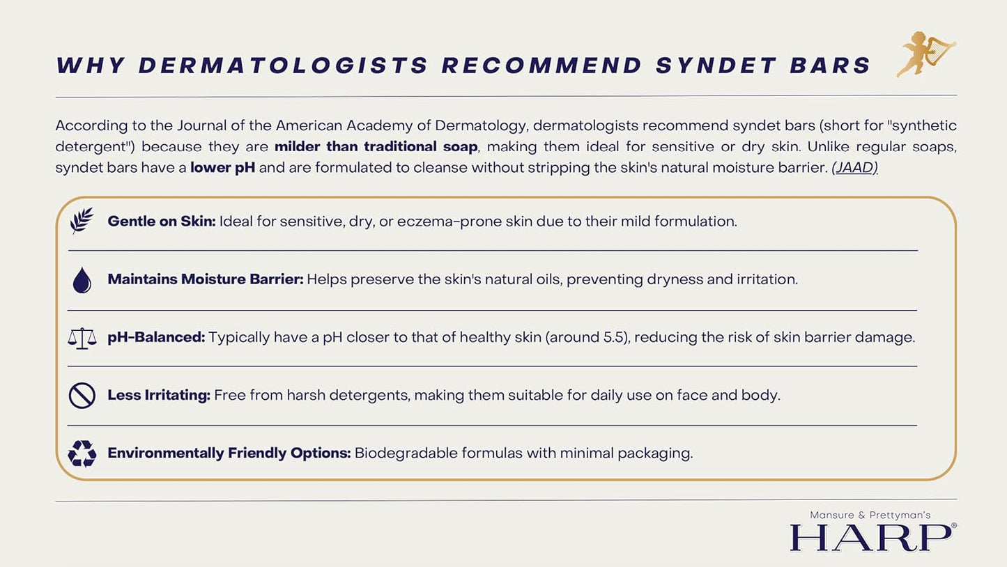 HARP pH-Balanced (5.0-6.0) Body Wash Bar. ZERO Saponified Oils. Protects Moisture Barrier. Gentle for Sensitive/Dry skin. + Shea Butter/Borage Oil. Non-Comedogenic. FRAGRANCE/masking agent FREE.