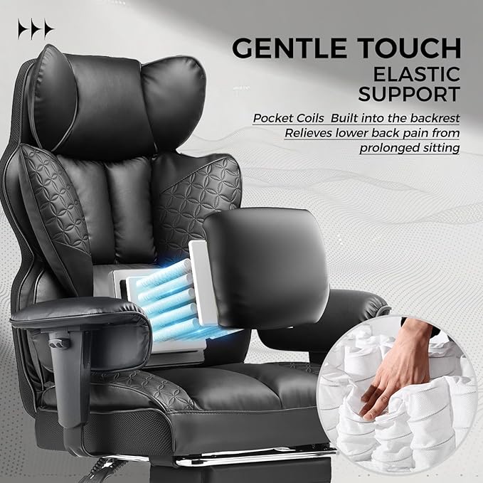 COMHOMA Big and Tall Office Chair 400LBS Wide Ergonomic Gaming Chair with Deluxe Embossing Designed Leather with Foot Rest,150°Reclining Adjustable Armrests Pocket Spring Back Support and Pillow