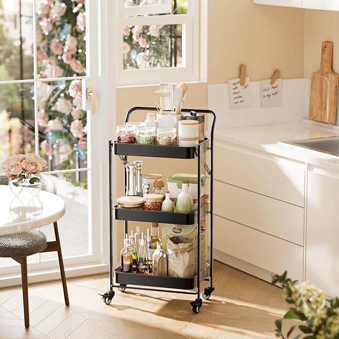 JAQ Foldable Rolling Cart, 3-Tier Metal Folding Storage Utility Carts Basket Rack with Removable Handle on Wheels for Snacks Books Fruits for Kitchen Dorm Pantry Bathroom - (Black, 3-Layer)