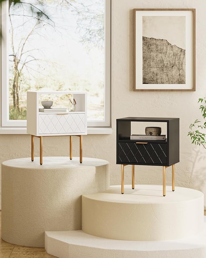 Nightstand,Morden Bedside Table with Gold Frame,Small White Night Stand,End Table,Bedside Furniture,Side Table with Drawer and Shelf for Bedroom,Living Room (1Drawer, White-Square)