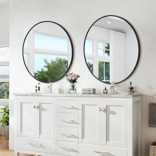24 Inch Black Round Wall Mirror, Circle Bathroom Mirror with Brushed Metal Frame, Anti-Rust Tempered Glass Vanity Mirror for Bedroom, Entryway, Living Room Farmhouse Decor