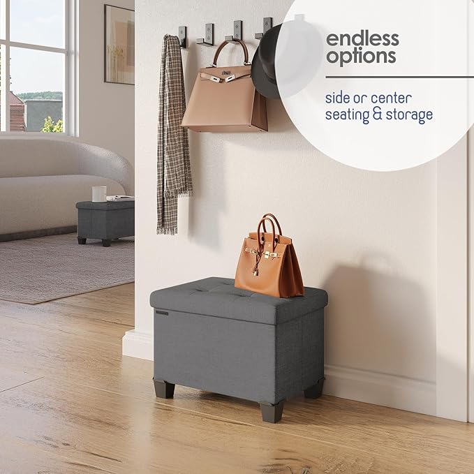 STORAGEBUD Storage Ottoman Cube with Small Bin, 16-in Square Ottoman with Storage for Living Room and Bedroom, Small Ottomans Foot Rest, Fabric Foot Stools Ottomans Max 330lbs, Grey