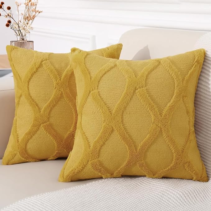 decorUhome Fall Throw Pillow Covers 22x22 Inch Set of 2, Soft Plush Faux Fur Wool Mustard Yellow Couch Pillow Covers, Decorative Neutral Pillow Cases for Bed Sofa Living Room Home Decor