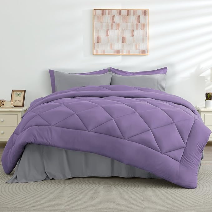HEVUMYI Twin Comforter Set - 5-Piece All Season Bed in a Bag Twin, Ultra Soft Bedding Set with Comforter, Flat Sheet, Fitted Sheet, Pillowcases, Pillow Shams, Purple & Light Grey
