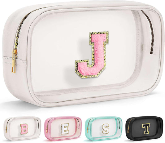 YOOLIFE Initial Make Up Bag Travel Toiletry Bag, Clear Makeup Bag Preppy Cosmetic Bags Organizer Travel Essentials Gifts for Women Teen Girlfriend Teacher Mom Brithday Mothers Day Gifts, Large, White