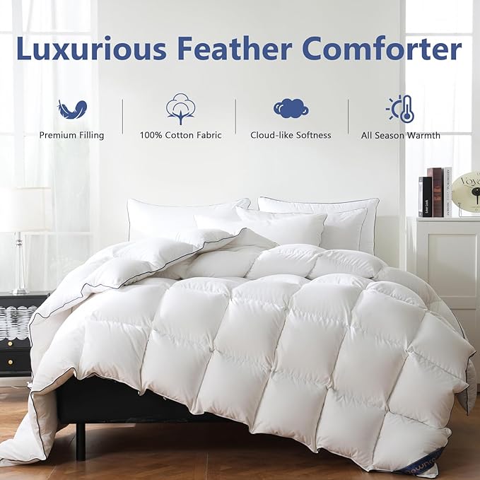 DOWNCOOL Feather Comforter Twin, White Fluffy Duvet Insert with Ultra Soft 100% Cotton Cover, All Season Luxurious Hotel Bed Comforter Twin with Corner Tabs, 68"x90"